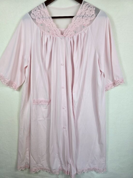 Other - Vintage Long Pink Lace Trim Nightgown With Pockets & Button Front Large